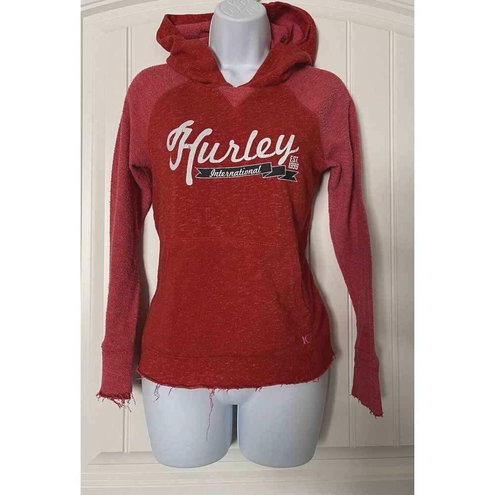 Hurley Womens Red XS Skater Streetwear Terrycloth Hoodie Distressed Edge Hem
